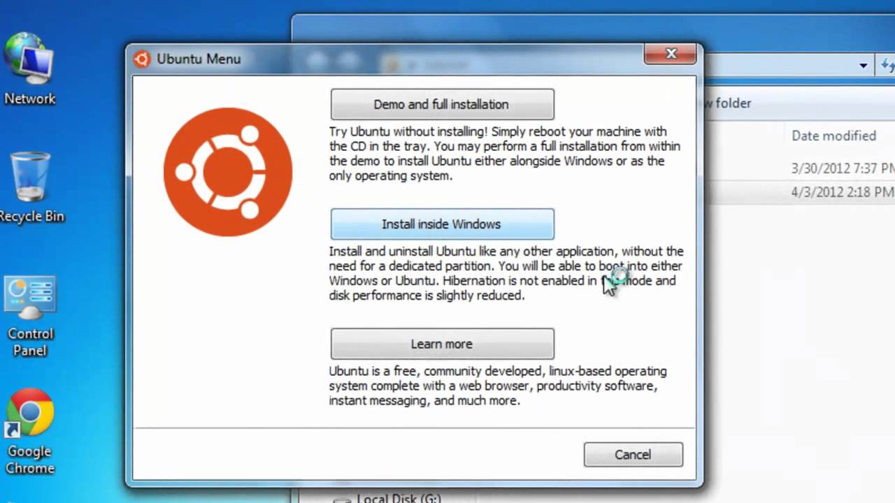install Ubuntu inside windows using Wubi